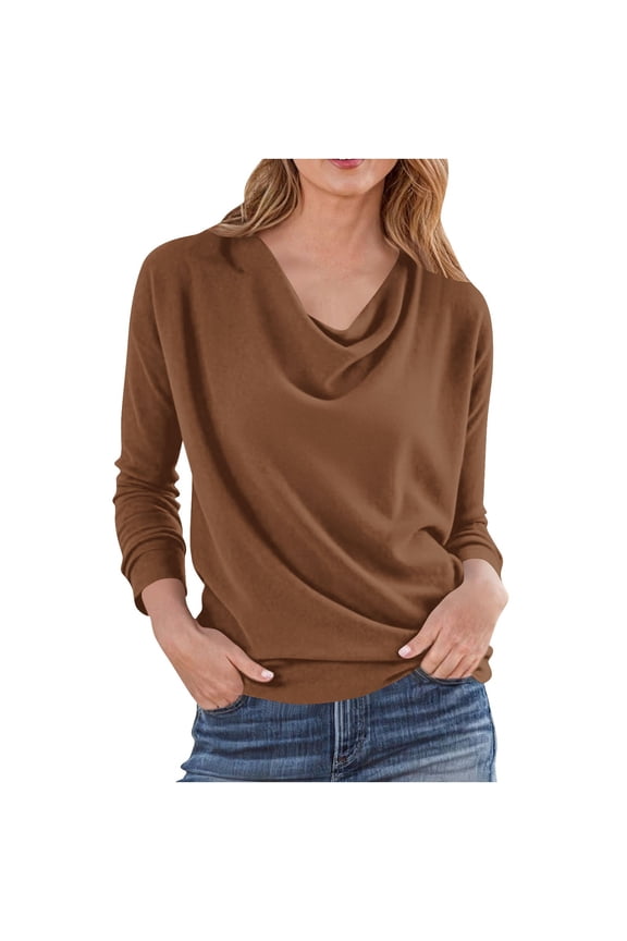 APEXFWDT Women's Fall Top Cowl Neck Long Sleeve Blouse Casual Stylish Solid Color Top Office & Daily Wear,XL,Brown