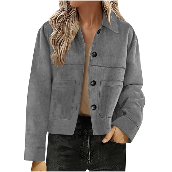APEXFWDT Women's Fashion Cropped Jacket Collared Button Down Short Jacket Long Sleeve Trendy Coat with Pockets for Daily Outings,L,Gray