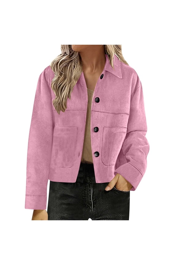 Women's Fashion Cropped Jacket Collared Button Down Short Jacket Long Sleeve Trendy Coat with Pockets for Daily Outings,XL,Pink