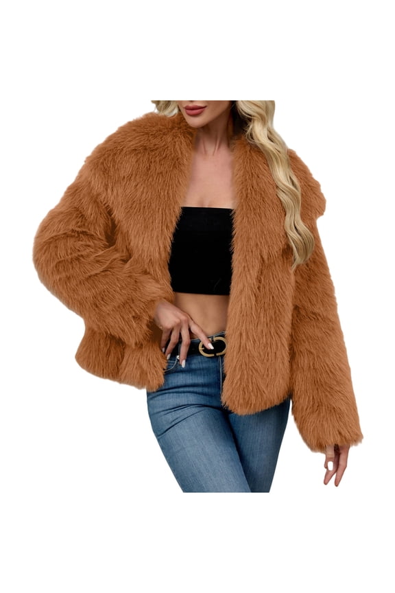 APEXFWDT Women's Faux Furry Coat Lapel Warm Cardigan Jacket Fluffy Long Sleeve Shaggy Outerwear for Winter Holiday Parties & Evening Dates,XXXL,Brown