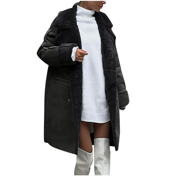 APEXFWDT Women's Faux Shearling Long Coat Sherpa Lined Winter Coats Trendy Notched Lapel Long Fleece Jacket Overcoats Warm Long Trench Coat