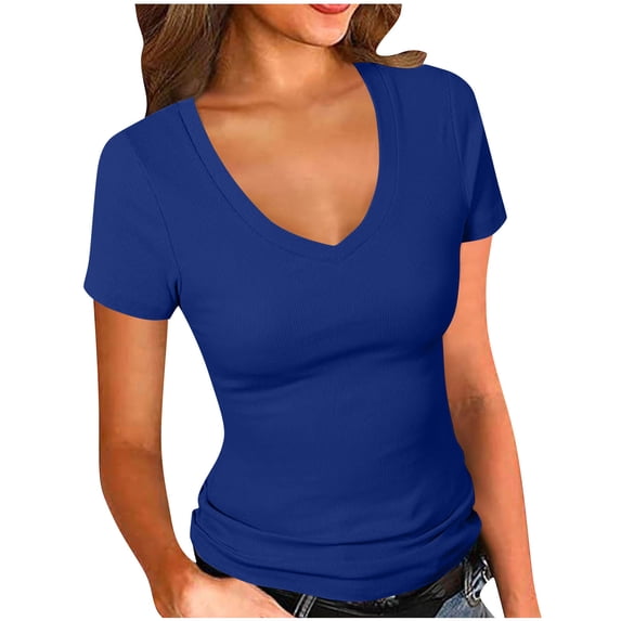 APEXFWDT Women's Fitted Basic T-Shirt Short Sleeve V Neck Tees,L,Blue