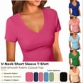 thumbnail image 1 of APEXFWDT Women's Fitted Basic T-Shirt Short Sleeve V Neck Tees,L,Blue, 1 of 7