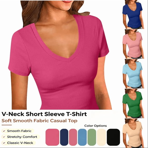 APEXFWDT Women's Fitted Basic T-Shirt Short Sleeve V Neck Tees,L,Blue