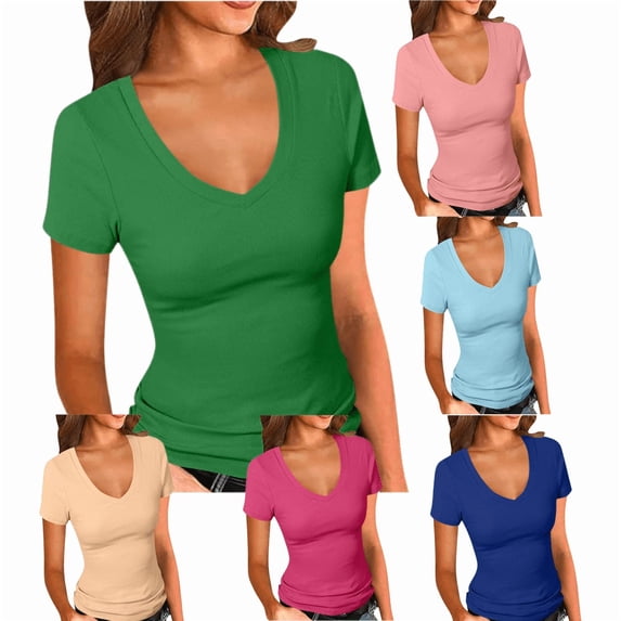 APEXFWDT Women's Short Sleeve V Neck T-Shirt, Fitted Basic Casual Tee Tops for Daily Wear