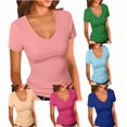 thumbnail image 1 of APEXFWDT Women's Short Sleeve V Neck T-Shirt, Fitted Basic Ribbed Casual Tee Tops for Daily Wear, 1 of 5