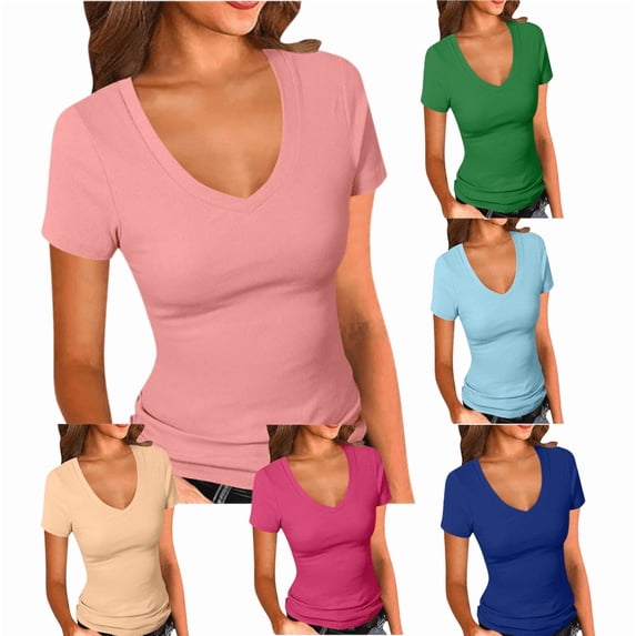 APEXFWDT Women's Short Sleeve V Neck T-Shirt, Fitted Basic Ribbed Casual Tee Tops for Daily Wear