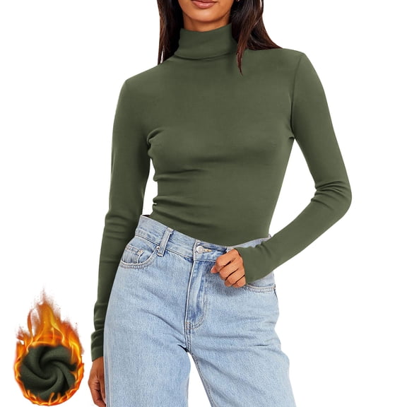 APEXFWDT Women's Fitted Turtleneck Thermal Top Long Sleeve Light Fleece Base Layer Solid Innerwear for Cold Weather,L,Army Green