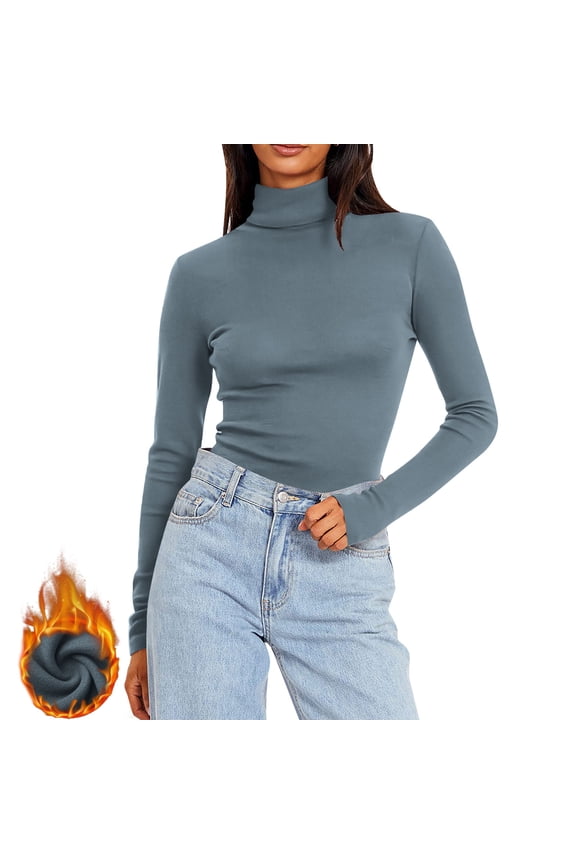 Women's Fitted Turtleneck Thermal Top Long Sleeve Light Fleece Base Layer Solid Innerwear for Cold Weather,L,Navy