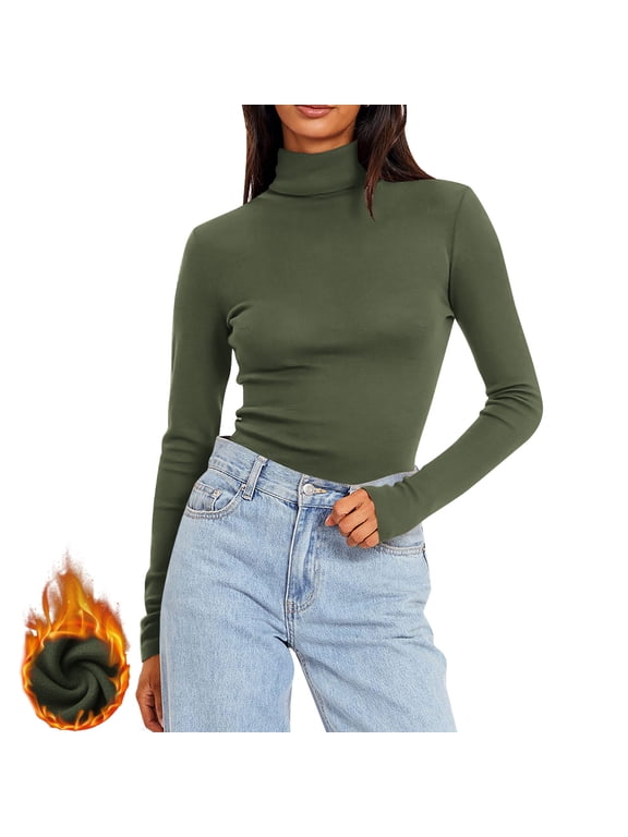 Women's Fitted Turtleneck Thermal Top Long Sleeve Light Fleece Base Layer Solid Innerwear for Cold Weather,XXL,Army Green