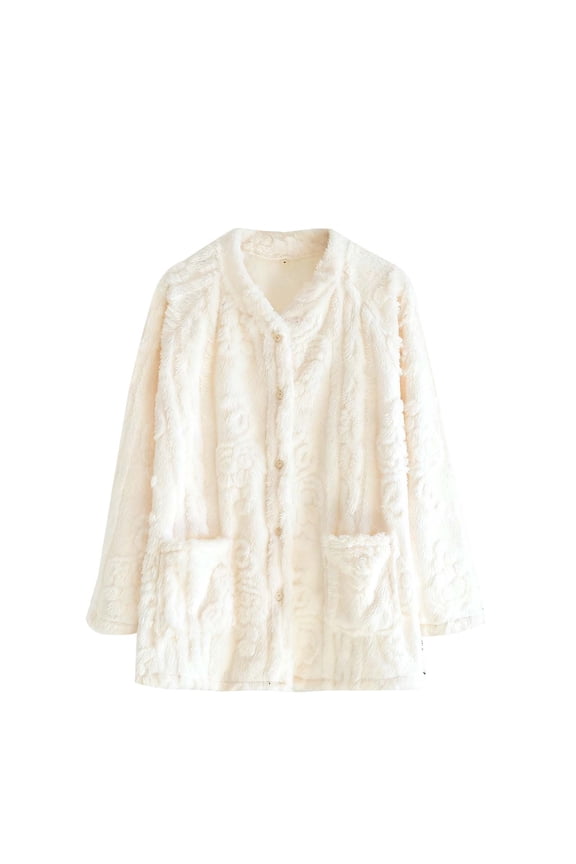 APEXFWDT Women's Flannel Bed Jacket Loungewear Coat Fleece Warm Winter Button-Down Sleep Jacket with Pockets,M,White