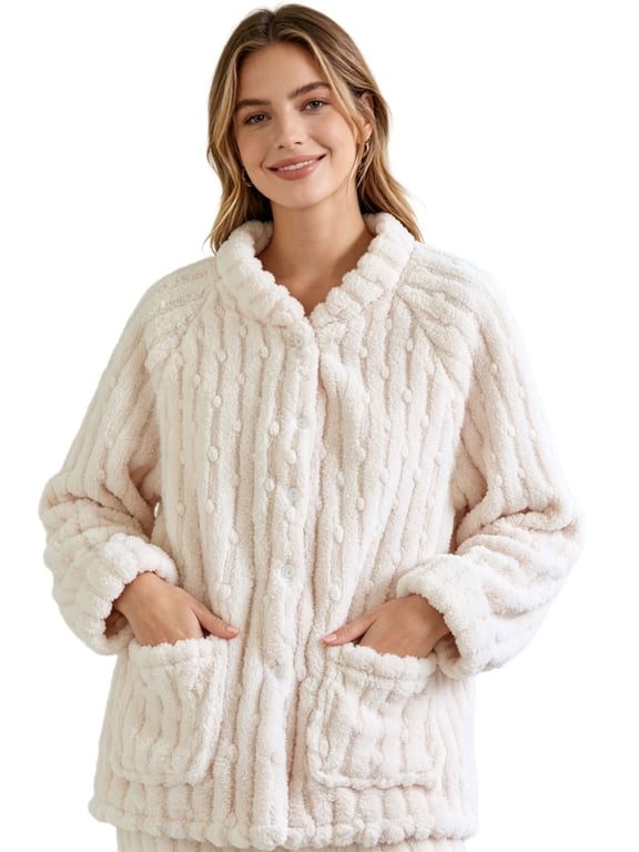 APEXFWDT Women's Fleece Bed Jacket Soft Warm Button Down Sleep Jacket with Pockets Long Sleeve Cozy Loungewear Top