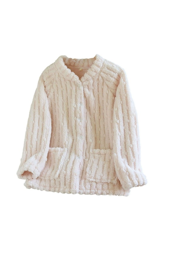 APEXFWDT Women's Flannel Bed Jacket Loungewear Coat Fleece Warm Winter Button-Down Sleep Jacket with Pockets,XL,Beige
