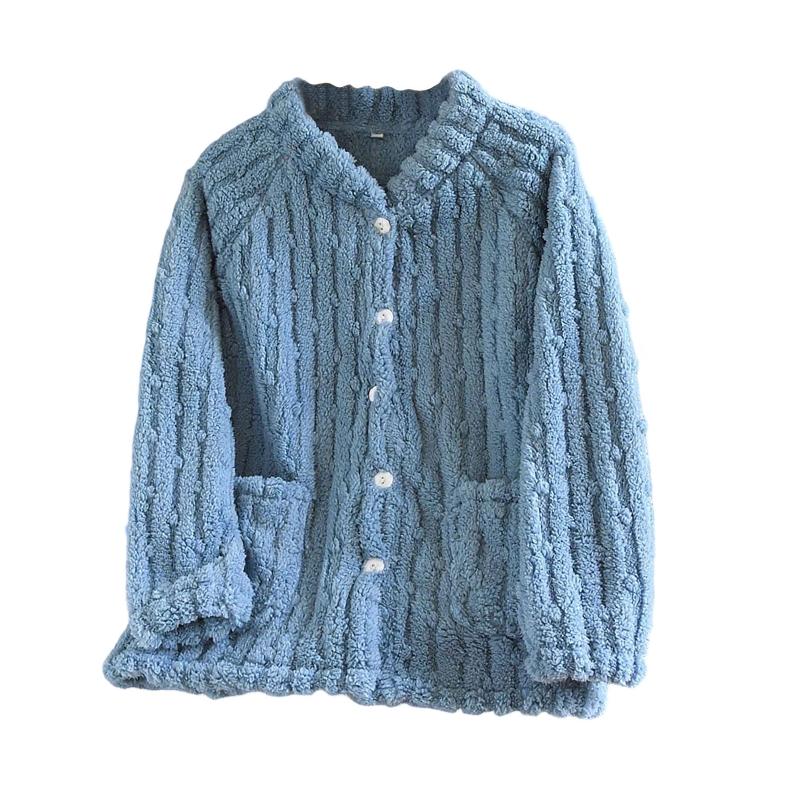 APEXFWDT Women's Flannel Bed Jacket Loungewear Coat Fleece Warm Winter Button-Down Sleep Jacket with Pockets,XL,Blue