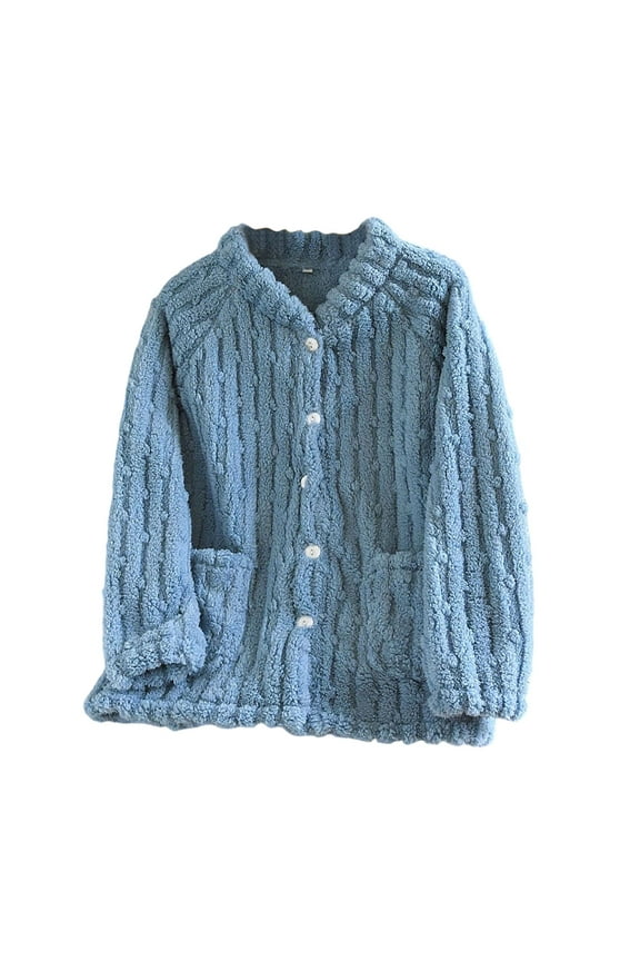 Women's Flannel Bed Jacket Loungewear Coat Fleece Warm Winter Button-Down Sleep Jacket with Pockets,XL,Blue