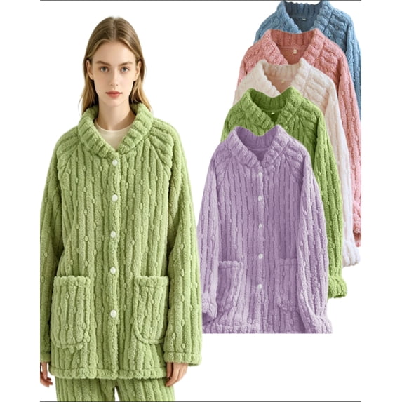 APEXFWDT Women's Flannel Bed Jacket Loungewear Coat Fleece Warm Winter Button-Down Sleep Jacket with Pockets,XL,Green