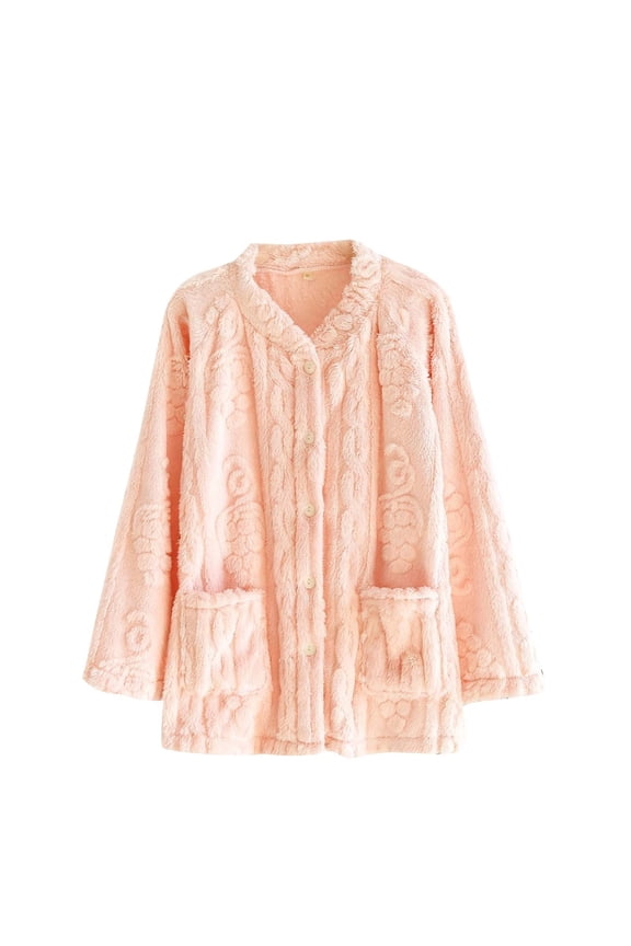 APEXFWDT Women's Flannel Bed Jacket Loungewear Coat Fleece Warm Winter Button-Down Sleep Jacket with Pockets,XL,Pink