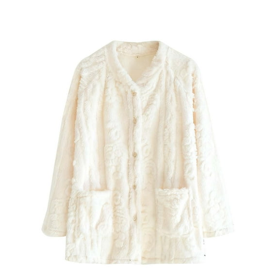 APEXFWDT Women's Flannel Bed Jacket Loungewear Coat Fleece Warm Winter Button-Down Sleep Jacket with Pockets,XL,White