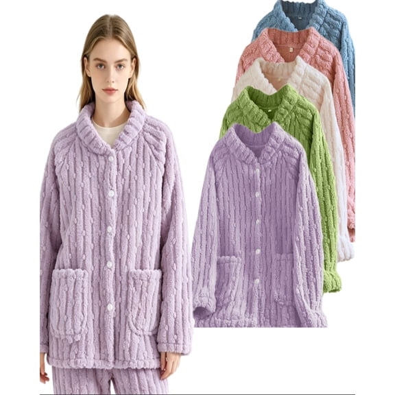 APEXFWDT Women's Flannel Bed Jacket Loungewear Coat Fleece Warm Winter Button-Down Sleep Jacket with Pockets