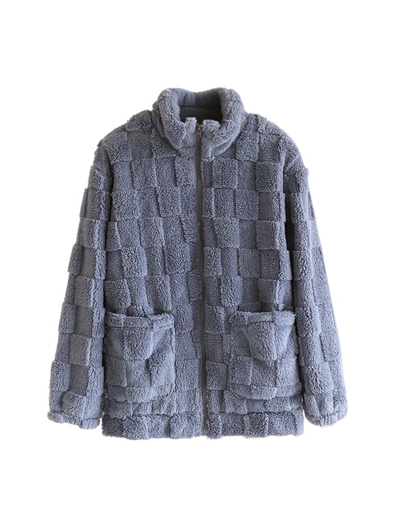 APEXFWDT Women's Flannel Fleece Bed Jacket Loungewear Warm Winter Zip-Up Stand Collar Sleep Coat Homewear,XL,Blue
