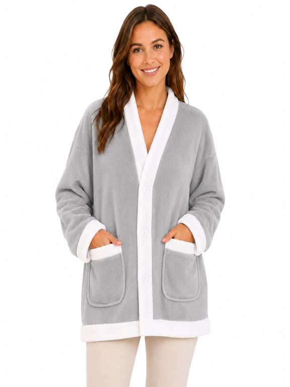 APEXFWDT Women's Flannel Fleece Bed Jacket V Neck Button Front Soft Warm Coat Long Sleeves Front Pockets Lounge Coverup with Pockets,L,Gray