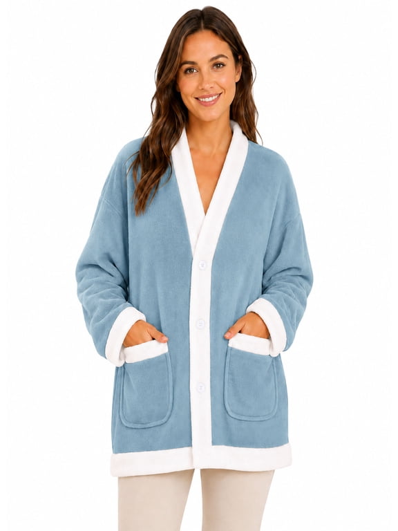 APEXFWDT Women's Flannel Fleece Bed Jacket V Neck Button Front Soft Warm Coat Long Sleeves Front Pockets Lounge Coverup with Pockets,L,Light Blue