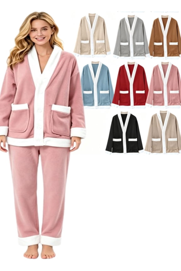 APEXFWDT Women's Flannel Fleece Bed Jacket V Neck Button Front Soft Warm Coat Long Sleeves Front Pockets Lounge Coverup with Pockets,M,Light Blue