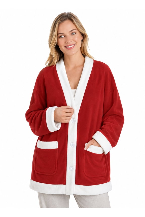 APEXFWDT Women's Fleece Bed Jacket V Neck Button Front Soft Warm Lounge Jacket with Pockets