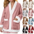 thumbnail image 1 of APEXFWDT Women's Flannel Fleece Bed Jacket V Neck Button Front Soft Warm Coat Long Sleeves Front Pockets Lounge Coverup with Pockets,S,Wine, 1 of 8