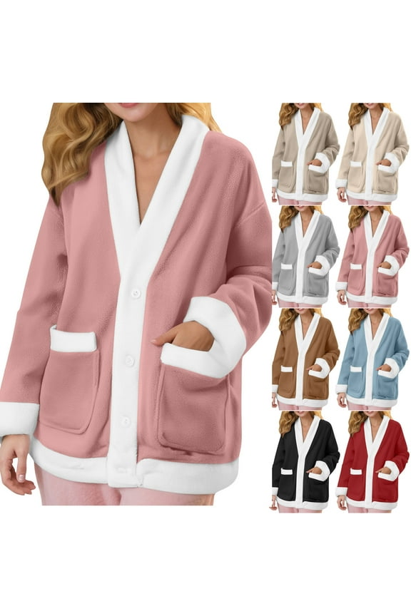 APEXFWDT Women's Flannel Fleece Bed Jacket V Neck Button Front Soft Warm Coat Long Sleeves Front Pockets Lounge Coverup with Pockets,XL,Black