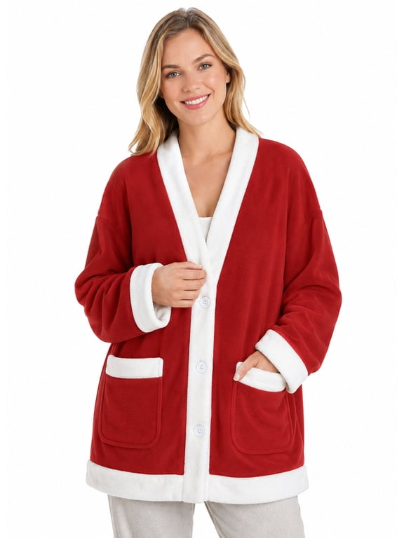 APEXFWDT Women's Flannel Fleece Bed Jacket V Neck Button Front Soft Warm Coat Long Sleeves Front Pockets Lounge Coverup with Pockets,XXL,Wine