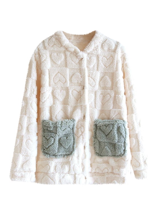 APEXFWDT Women's Flannel Pajama Bed Jacket - Love Heart Button Down V-Neck Warm Sleepwear with Pockets, for Fall Winter At-Home Lounging