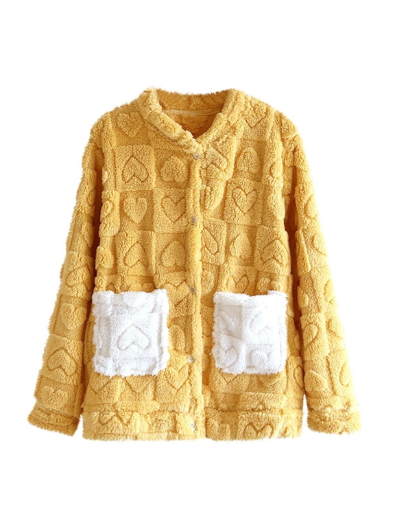 APEXFWDT Women's Flannel Pajama Bed Jacket - Love Heart Button Down V-Neck Warm Sleepwear with Pockets, for Fall Winter At-Home Lounging