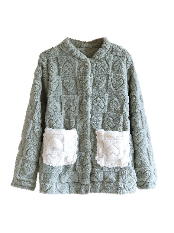 APEXFWDT Women's Flannel Pajama Bed Jacket - Love Heart Button Down V-Neck Warm Sleepwear with Pockets, for Fall Winter At-Home Lounging