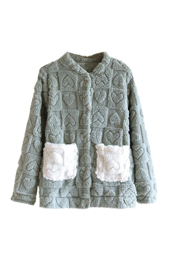 APEXFWDT Women's Flannel Pajama Bed Jacket - Love Heart Button Down V-Neck Warm Sleepwear with Pockets, for Fall Winter At-Home Lounging
