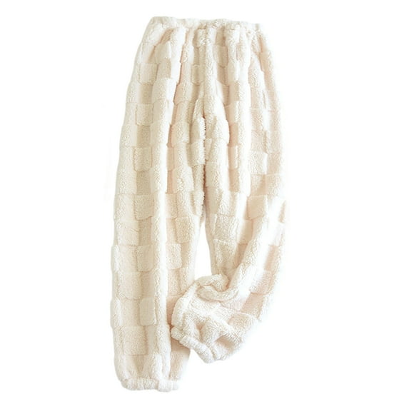 APEXFWDT Women's Flannel Sleep Pants - Plaid Fleece Plush Warm Loose Loungewear Elastic Waist Home Pajamas,L,Beige