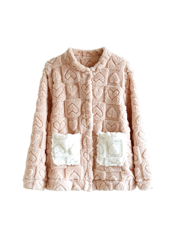 Women’s Fleece Bed Jacket Button Down Color Block House Coat Sleeping Bed Jackets with Pockets