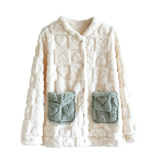 APEXFWDT Women’s Fleece Bed Jacket Button Down Color Block House Coat Sleeping Bed Jackets with Pockets