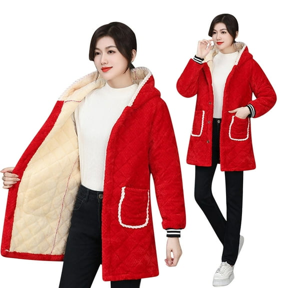 APEXFWDT Women's Fleece Bed Jacket Stylish Long Sleeves Hooded Jacket Warm Front Button Fleece Home Coat Outerwear with Pcokets for Women Homewear