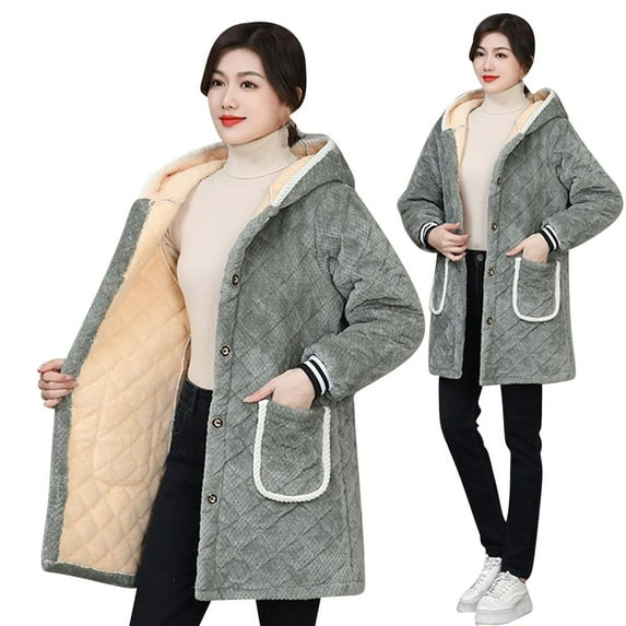 APEXFWDT Women's Fleece Bed Jacket Stylish Long Sleeves Hooded Jacket Warm Front Button Fleece Home Coat Outerwear with Pcokets for Women Homewear