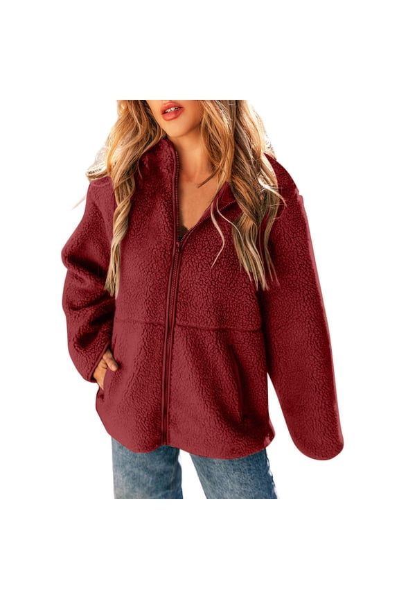 Women's Fleece Full Zip Jacket Long Sleeve Warm Stand Collar Coat with Hand Warmer Pockets,XL,Wine