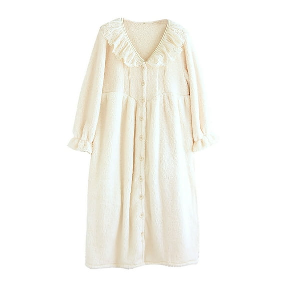 APEXFWDT Women's Fleece Housecoat Button Front Robe Warm Winter Mid-length Loungewear Coat Cozy Nightwear Robe with Pockets,L,White