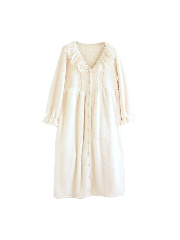 APEXFWDT Women's Fleece Housecoat Button Front Robe Warm Winter Mid-length Loungewear Coat Cozy Nightwear Robe with Pockets,XL,White