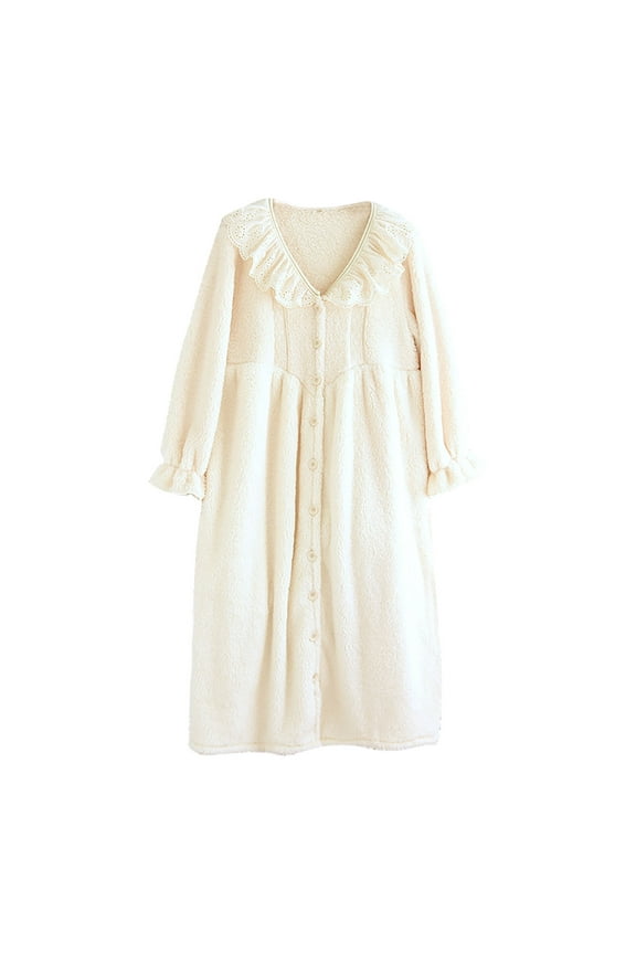 APEXFWDT Women's Fleece Housecoat Button Front Robe Warm Winter Mid-length Loungewear Coat Cozy Nightwear Robe with Pockets,XL,White