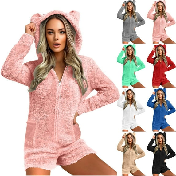 APEXFWDT Women's Fleece Onesie Pajamas Hooded Long Sleeve Short Pant Zip-Up Jumpsuit with Pockets, Warm Loungewear,XL,Blue