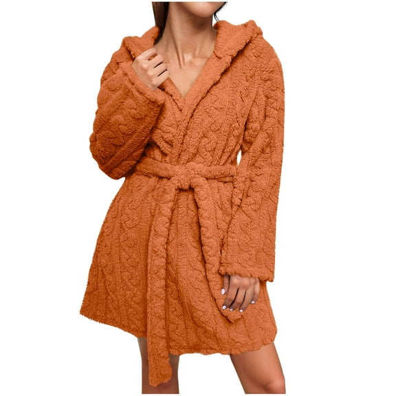 APEXFWDT Women's Fleece Short Robe Long Sleeve Warm Fuzzy Hooded Bathrobe with Belt, Cozy Loungewear,L,Orange