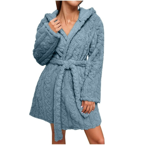 APEXFWDT Women's Fleece Short Robe Long Sleeve Warm Fuzzy Hooded Bathrobe with Belt, Cozy Loungewear,M,Light blue