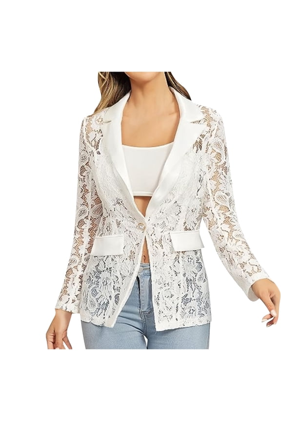 Women's Floral Lace Jacket Mesh One Button Lapel Neck Long Sleeve Elegant Jacket Blazer Casual Fashion Slim Fit Jacket
