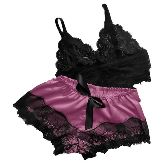 APEXFWDT Women's Floral Satin Short Pajama Set Strappy Camisole + Lace Trim Shorts Valentines Nightwear S-XL