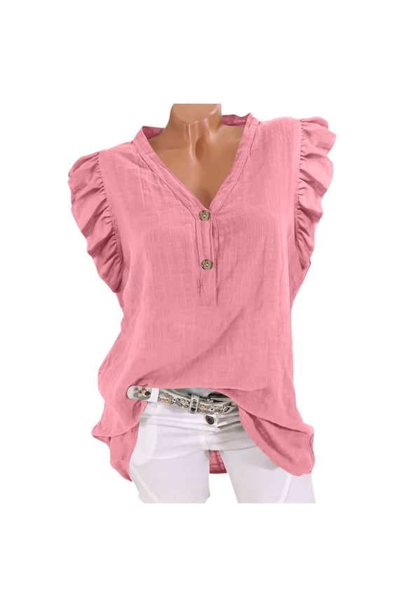 APEXFWDT Women's Flutter Sleeve Linen Tank - V-Neck Sleeveless Summer Blouse for Garden Party Outings,L,Pink